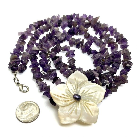 Shell Flower Necklace Purple Amethyst Nugget Carved Mother of Pearl Cruise 20" - Picture 6 of 10